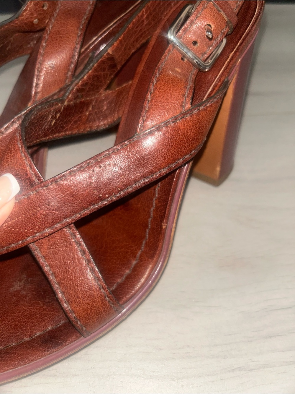 PRADA VINTAGE Leather Slingback Block Heel Sandal Brown/Purple Size 39 - Picture 6 of 11